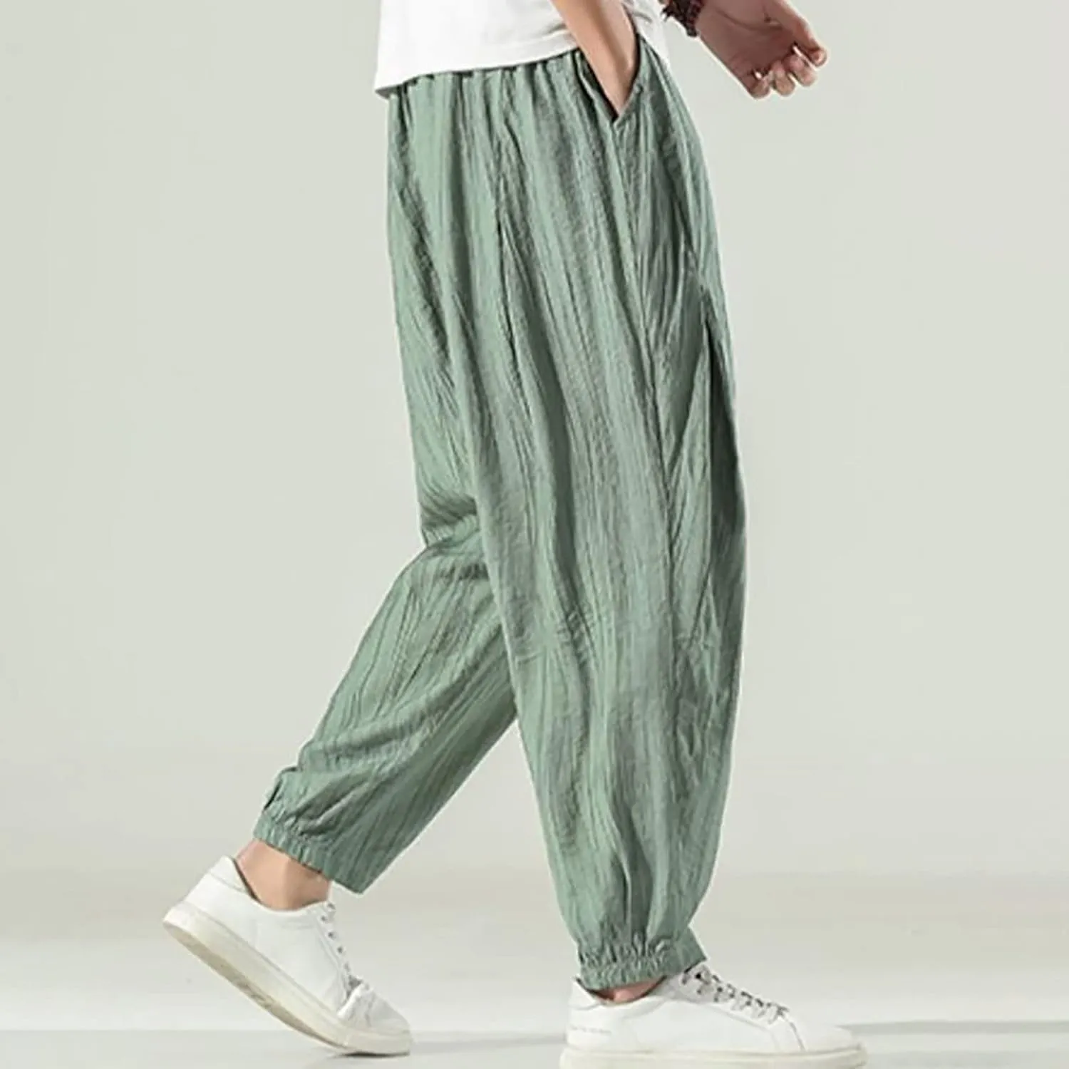 Men's Casual Linen Pants, Cotton Drawstring Elastic Waist Summer Yoga Beach Pants, Lightweight Loose Trousers