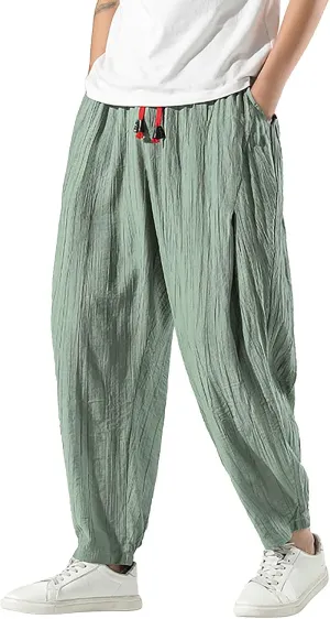 Men's Casual Linen Pants, Cotton Drawstring Elastic Waist Summer Yoga Beach Pants, Lightweight Loose Trousers
