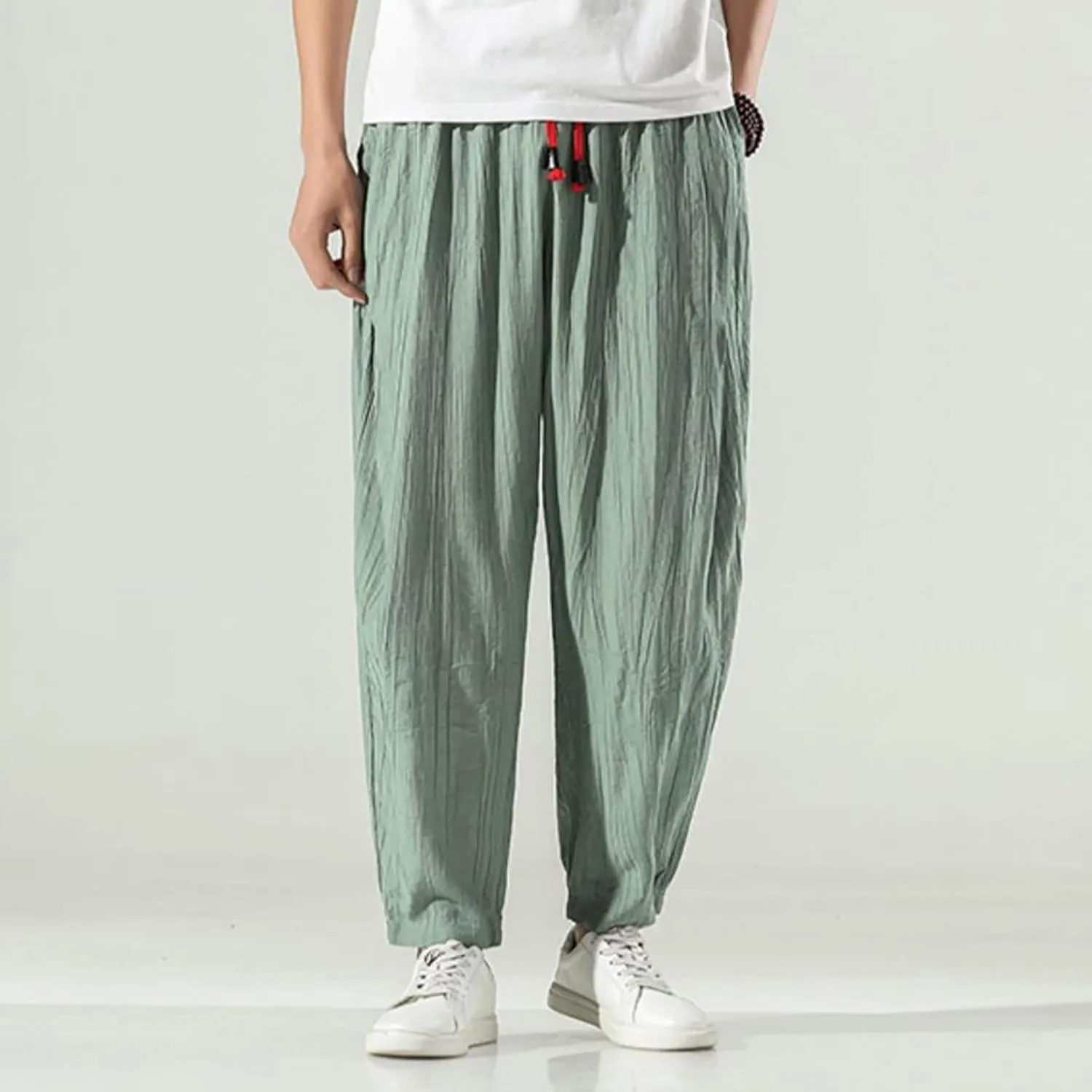 Men's Casual Linen Pants, Cotton Drawstring Elastic Waist Summer Yoga Beach Pants, Lightweight Loose Trousers