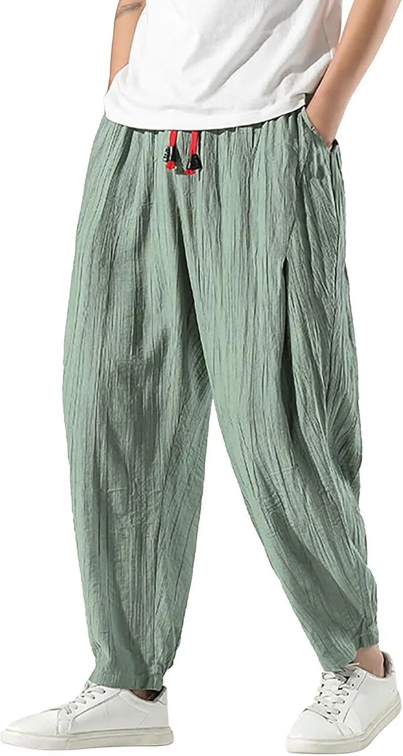 Men's Casual Linen Pants, Cotton Drawstring Elastic Waist Summer Yoga Beach Pants, Lightweight Loose Trousers