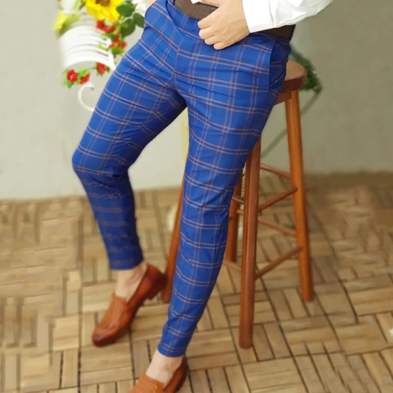 Mens Casual Plaid Pants Fashion Retro Tapered Stretch Slim Fit Business Dress Chino Pants Formal Lightweight Pants