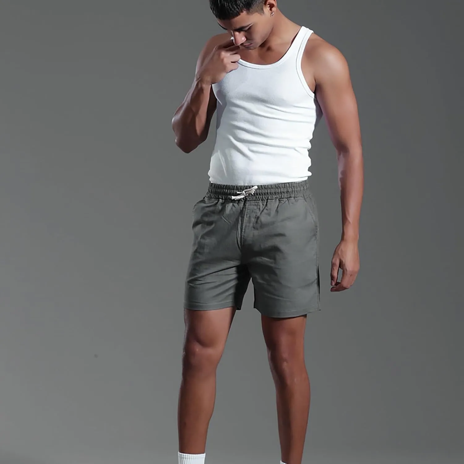 Mens Cotton Linen Classic 7 Inch Shorts with Pockets Elastic Waist Drawstring Athletic Fit Lightweight Running Short for Men
