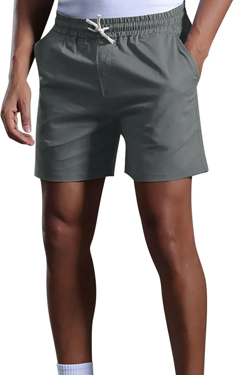 Mens Cotton Linen Classic 7 Inch Shorts with Pockets Elastic Waist Drawstring Athletic Fit Lightweight Running Short for Men