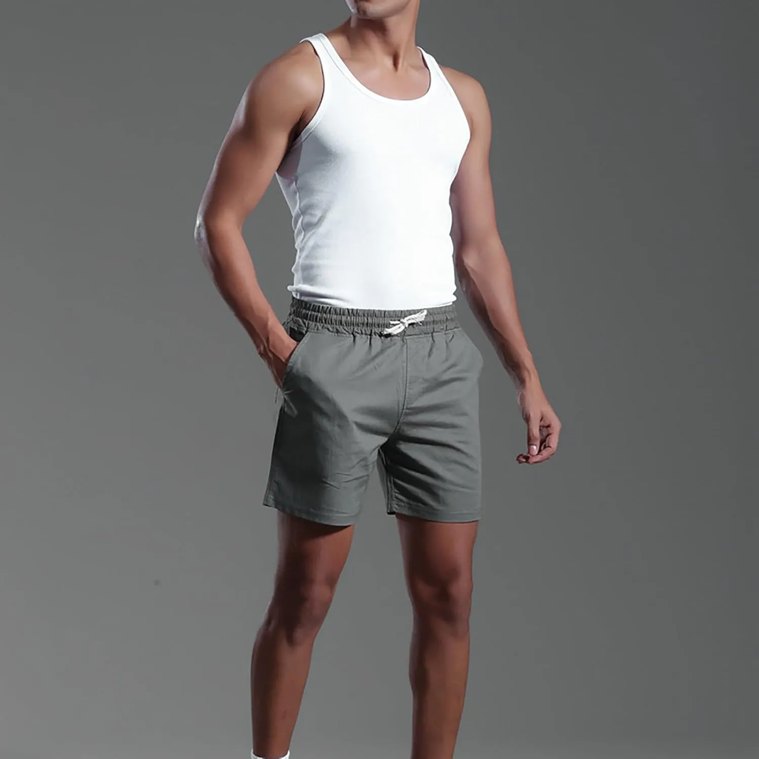 Mens Cotton Linen Classic 7 Inch Shorts with Pockets Elastic Waist Drawstring Athletic Fit Lightweight Running Short for Men