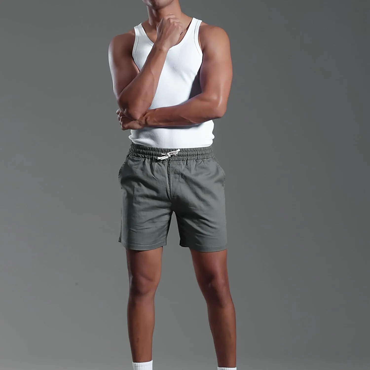 Mens Cotton Linen Classic 7 Inch Shorts with Pockets Elastic Waist Drawstring Athletic Fit Lightweight Running Short for Men
