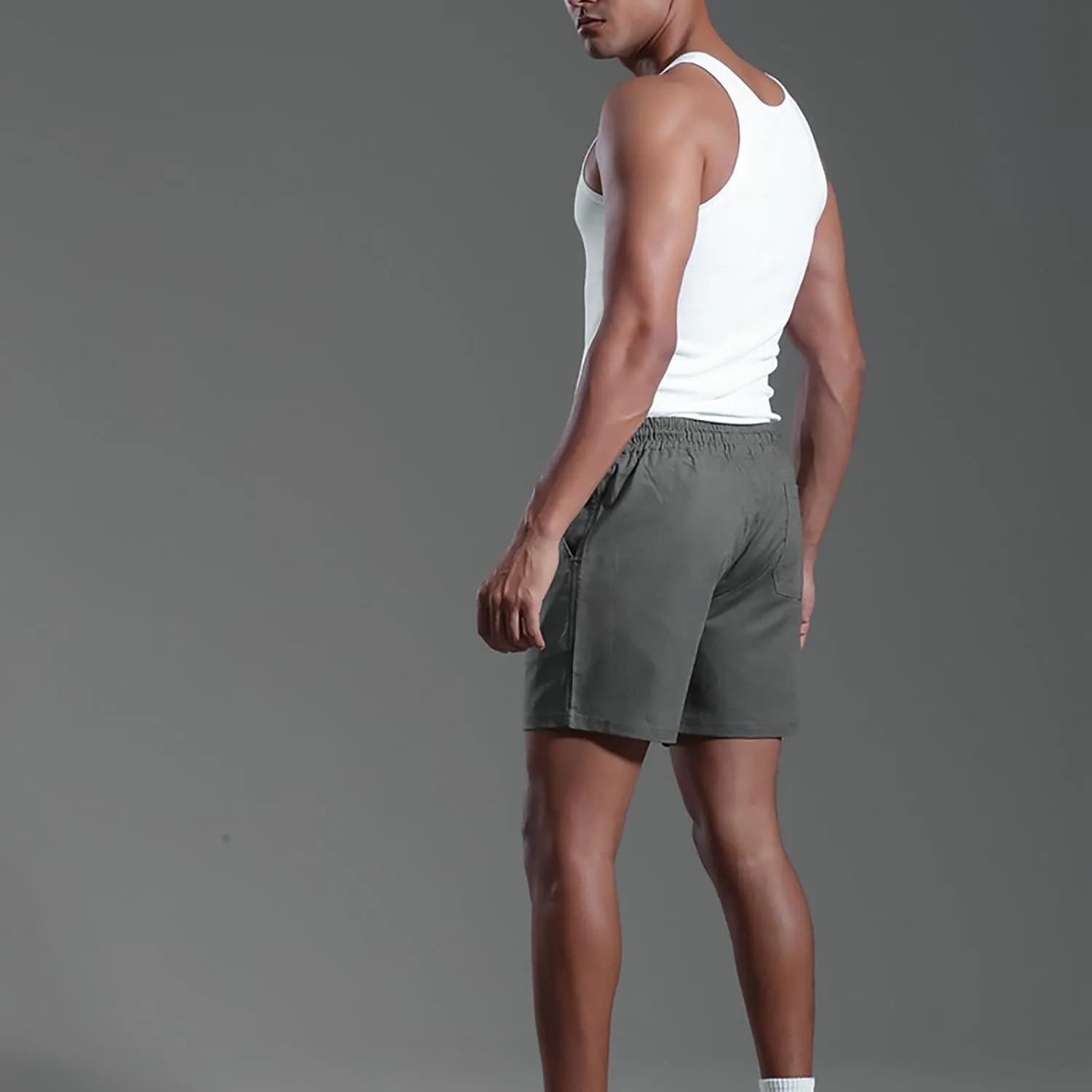 Mens Cotton Linen Classic 7 Inch Shorts with Pockets Elastic Waist Drawstring Athletic Fit Lightweight Running Short for Men