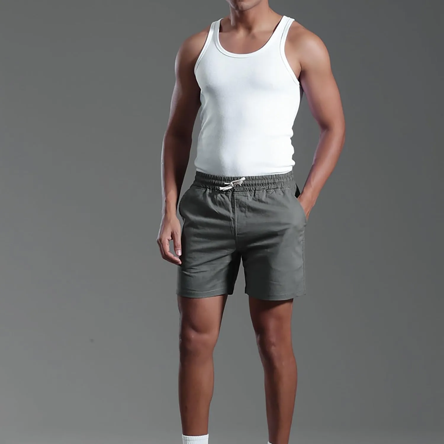 Mens Cotton Linen Classic 7 Inch Shorts with Pockets Elastic Waist Drawstring Athletic Fit Lightweight Running Short for Men