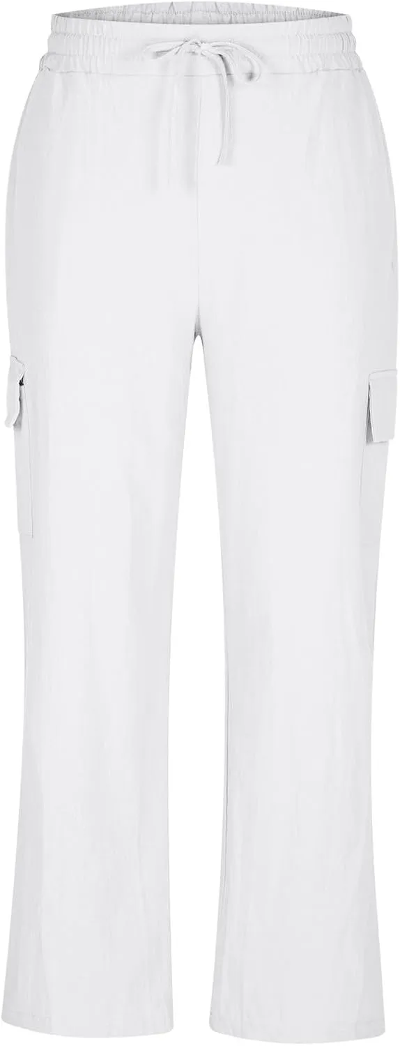 Mens Cotton Linen Pants Elastic Waist Loose Fit Lounge Beach Cargo Pants Casual Lightweight Trouser with Pockets