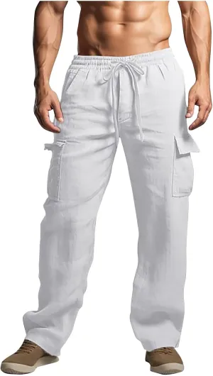 Mens Cotton Linen Pants Elastic Waist Loose Fit Lounge Beach Cargo Pants Casual Lightweight Trouser with Pockets
