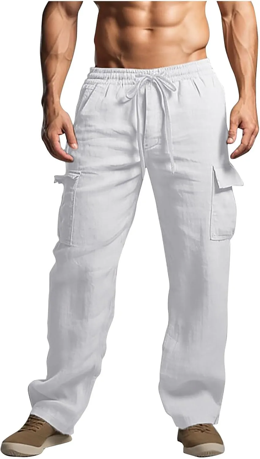 Mens Cotton Linen Pants Elastic Waist Loose Fit Lounge Beach Cargo Pants Casual Lightweight Trouser with Pockets