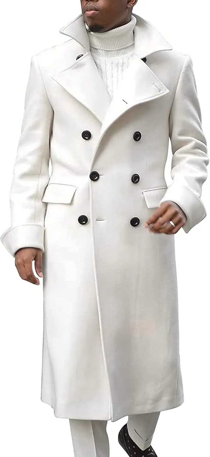 Men's Double Breasted Long Trench Coat Winter Notch Lapel Windbreaker Overcoat Casual Slim Business Pea Jacket