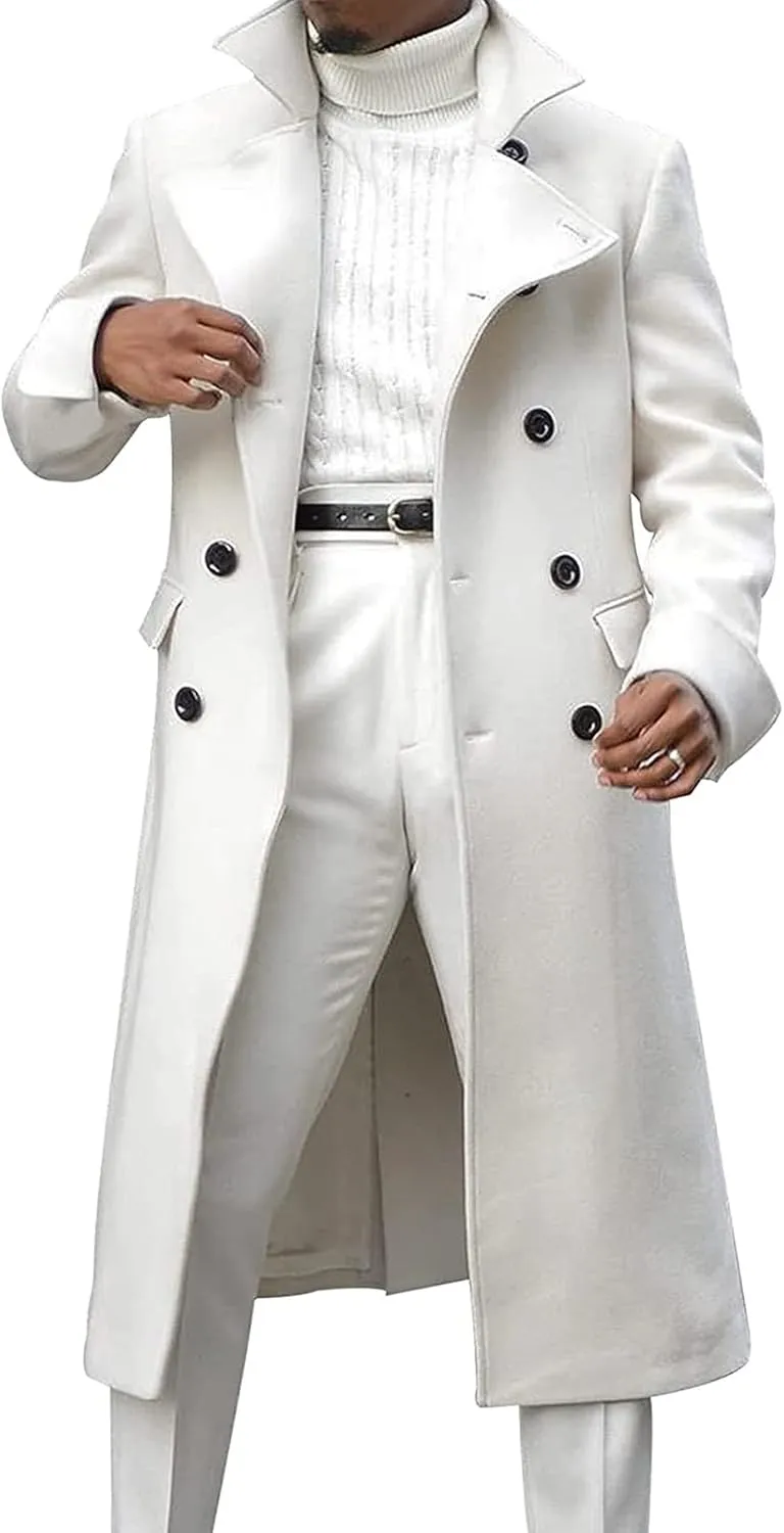 Men's Double Breasted Long Trench Coat Winter Notch Lapel Windbreaker Overcoat Casual Slim Business Pea Jacket