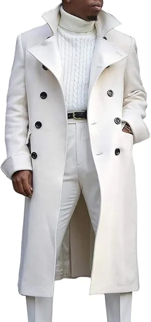 Men's Double Breasted Long Trench Coat Winter Notch Lapel Windbreaker Overcoat Casual Slim Business Pea Jacket