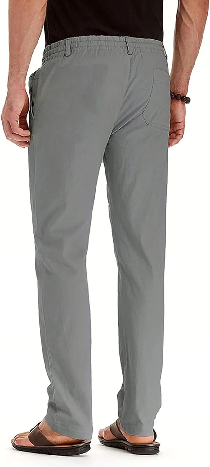 Men's Drawstring Linen Pants Casual Summer Loose Beach Trousers Classic Solid Color Straight-Legs Slim Fit Yoga Pants