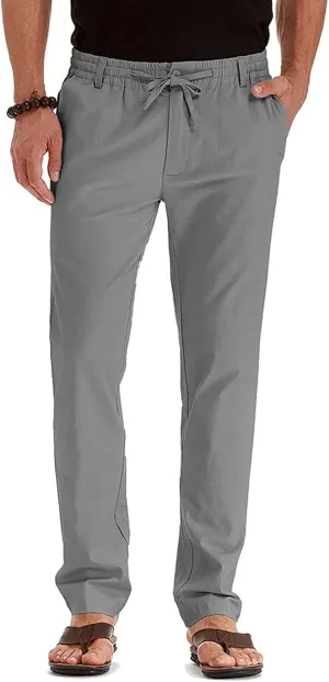 Men's Drawstring Linen Pants Casual Summer Loose Beach Trousers Classic Solid Color Straight-Legs Slim Fit Yoga Pants