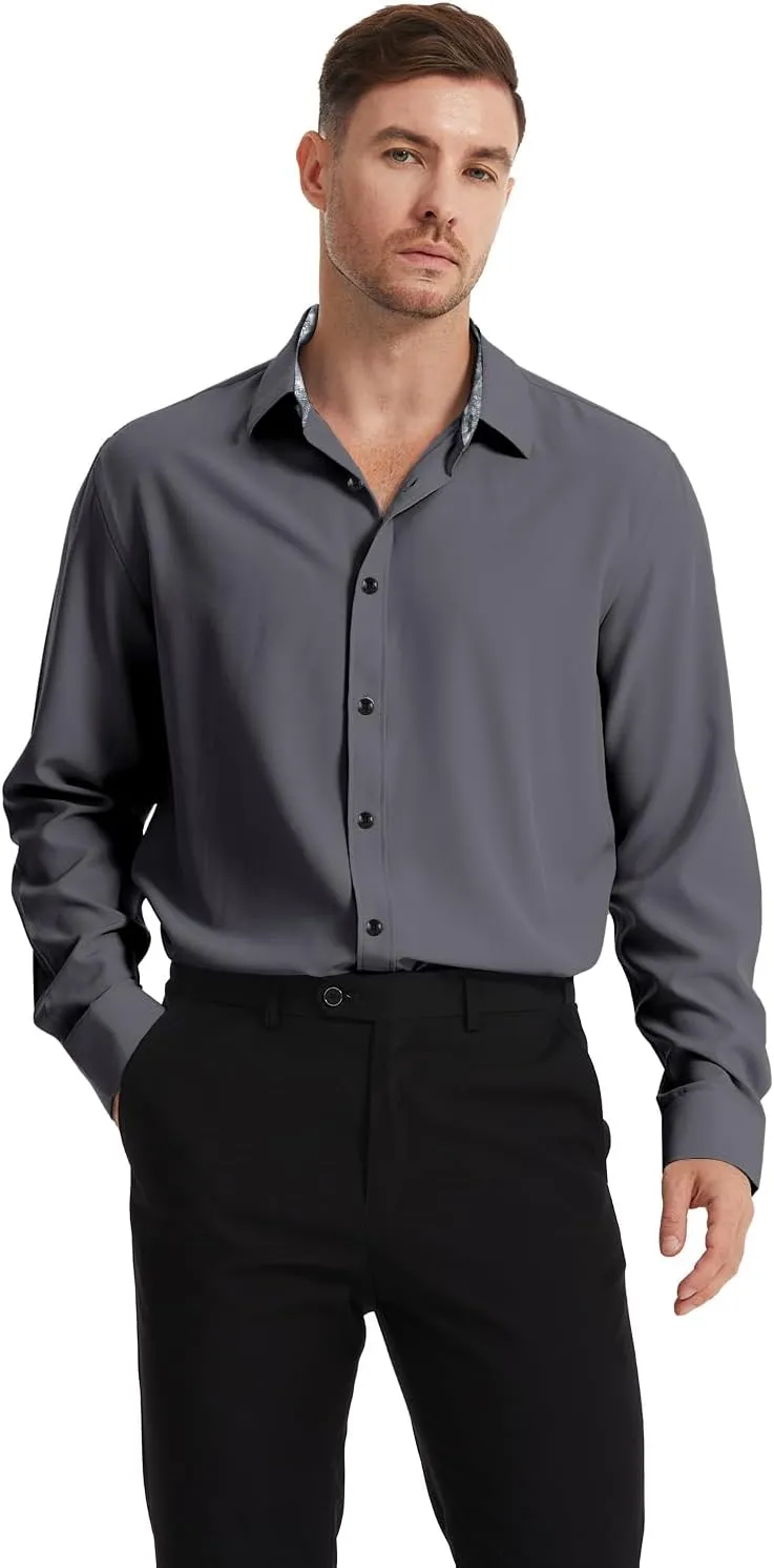 Men's Dress Shirts Long Sleeve Wrinkle-Free Button Down Shirt Men Inner Contrast Stretch Formal Shirts