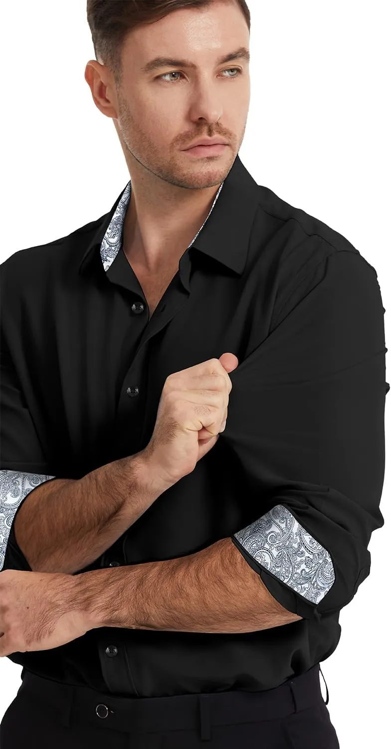 Men's Dress Shirts Long Sleeve Wrinkle-Free Button Down Shirt Men Inner Contrast Stretch Formal Shirts