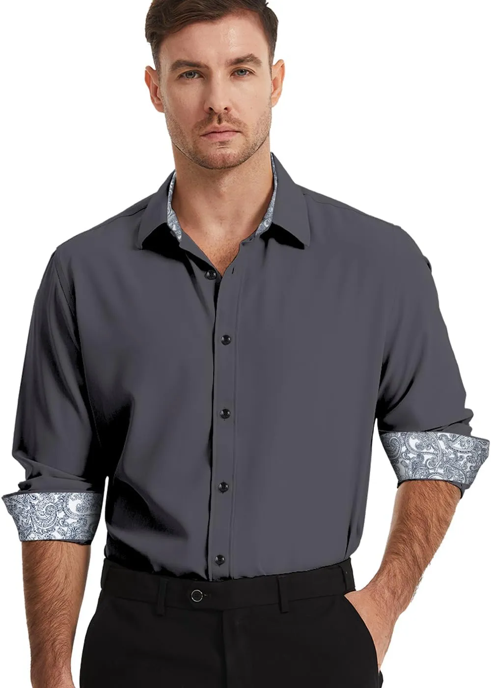 Men's Dress Shirts Long Sleeve Wrinkle-Free Button Down Shirt Men Inner Contrast Stretch Formal Shirts