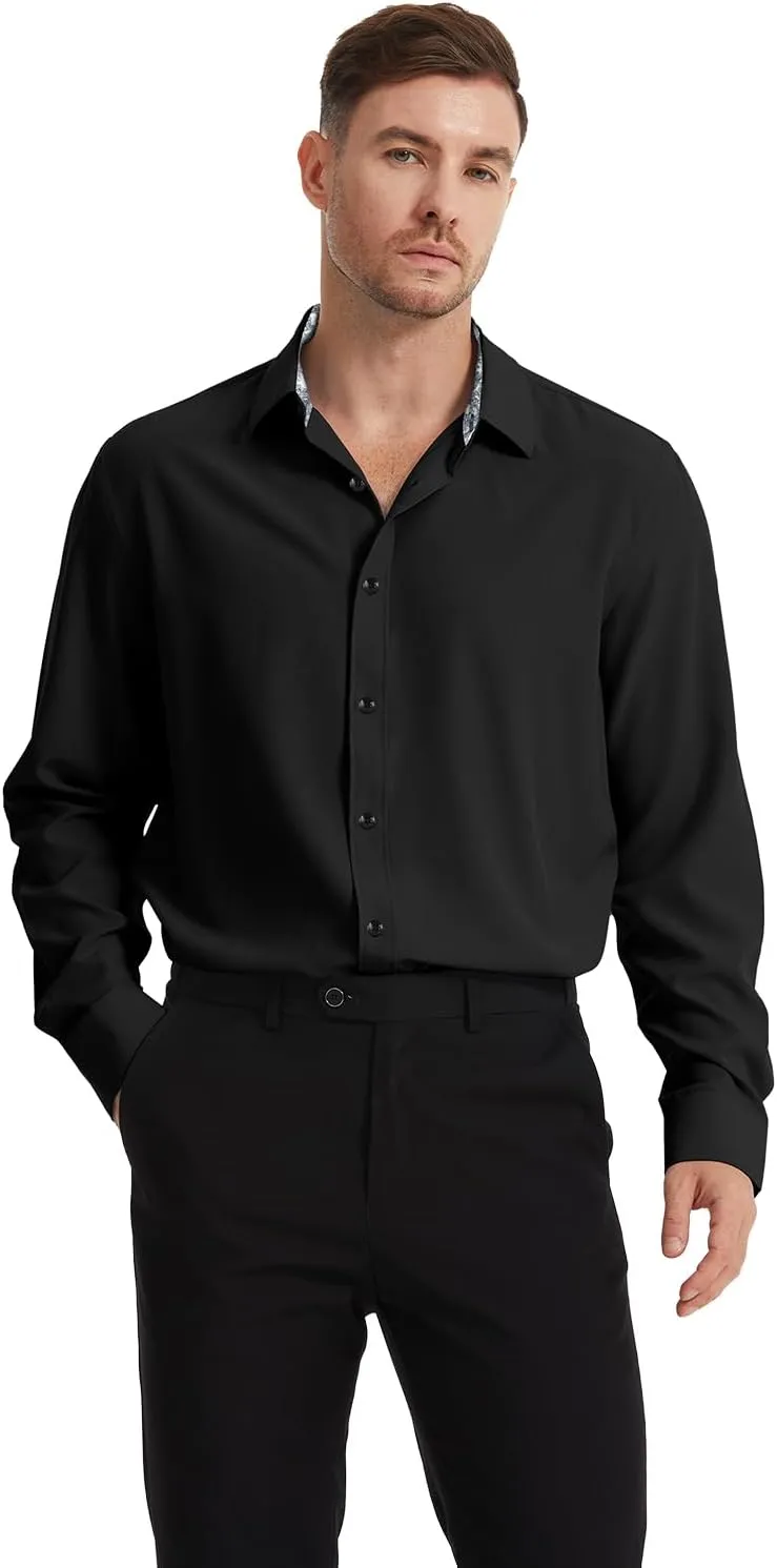 Men's Dress Shirts Long Sleeve Wrinkle-Free Button Down Shirt Men Inner Contrast Stretch Formal Shirts