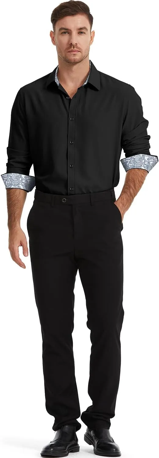 Men's Dress Shirts Long Sleeve Wrinkle-Free Button Down Shirt Men Inner Contrast Stretch Formal Shirts