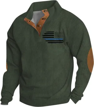 Mens Fashion Fall Sweatshirts For Corduroy Vintage Stand Collar Button Print Long Sleeve Casual Pullover Sweater