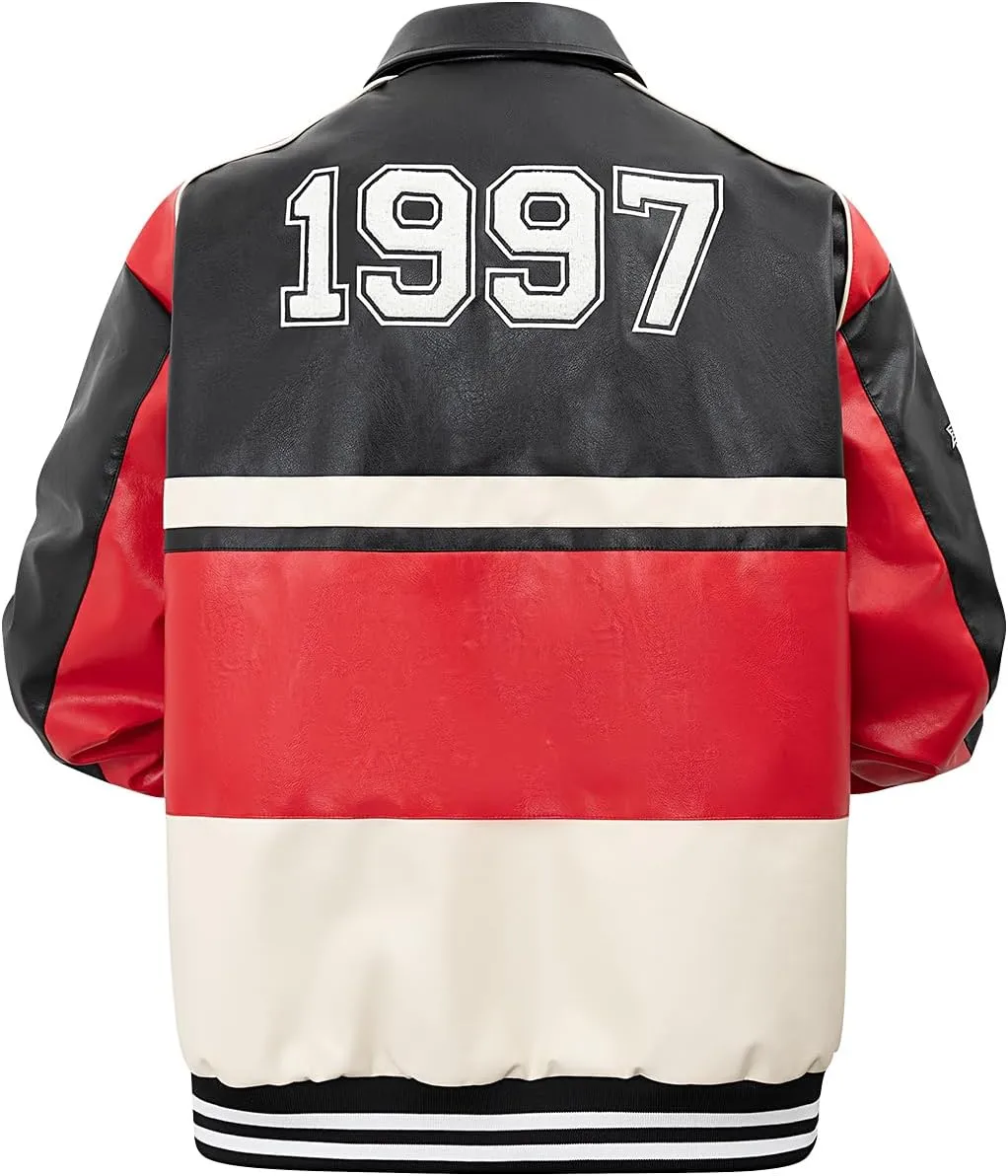 Mens Faux Leather Varsity Jacket Vintage Racing Motorcycle Graphic Bomber Jackets Loose Streetwear Jacket