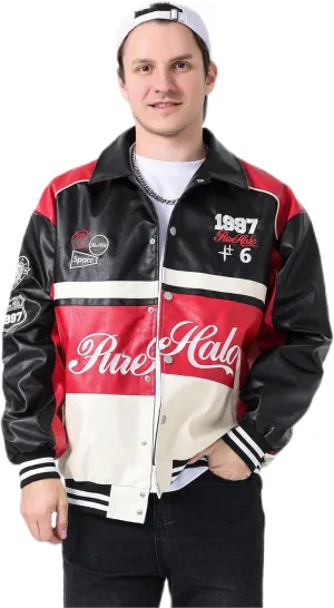 Mens Faux Leather Varsity Jacket Vintage Racing Motorcycle Graphic Bomber Jackets Loose Streetwear Jacket