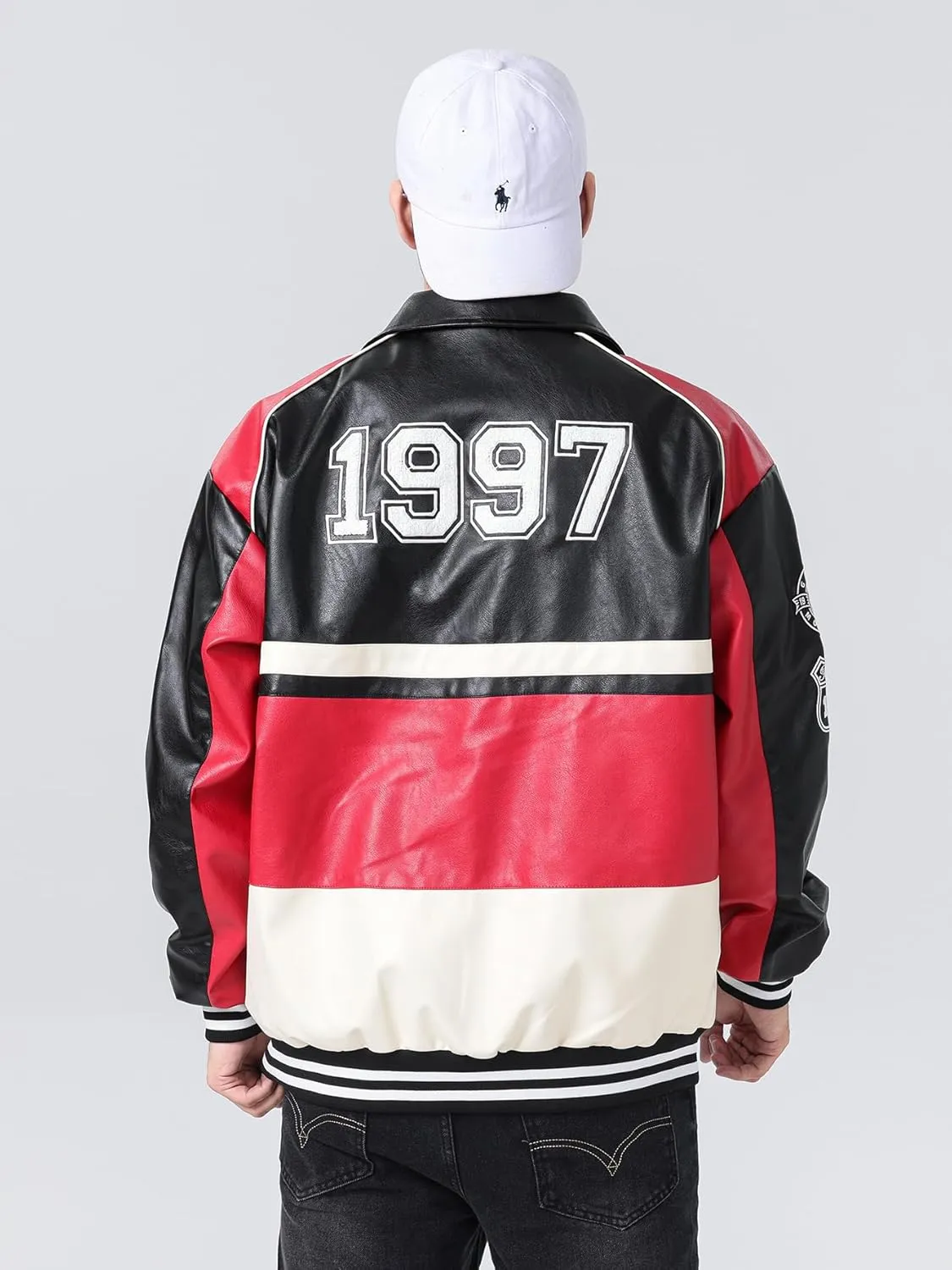Mens Faux Leather Varsity Jacket Vintage Racing Motorcycle Graphic Bomber Jackets Loose Streetwear Jacket