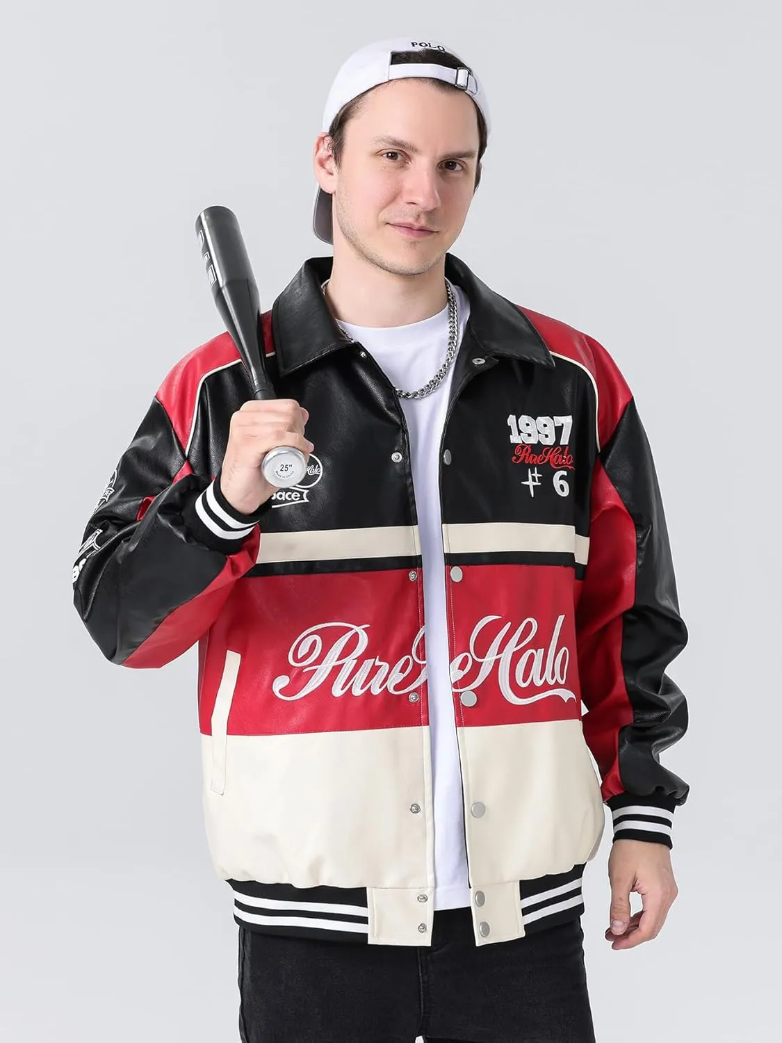 Mens Faux Leather Varsity Jacket Vintage Racing Motorcycle Graphic Bomber Jackets Loose Streetwear Jacket