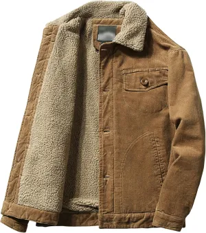 Men's Fleece Sherpa Lined Corduroy Trucker Jacket Warm Thickened Winter Coats Vintage Denim Lapel Button Coats