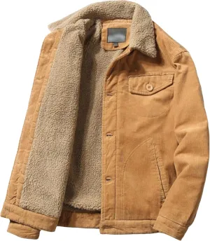 Men's Fleece Sherpa Lined Corduroy Trucker Jacket Warm Thickened Winter Coats Vintage Denim Lapel Button Coats