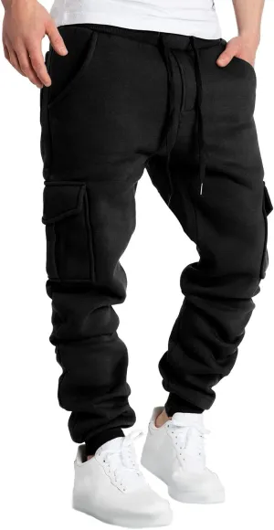 Mens Heavyweight Fleece Cargo Sweatpants Straight-Leg Joggers Loose Fit Baggy Pants Multi-Pocket Trousers