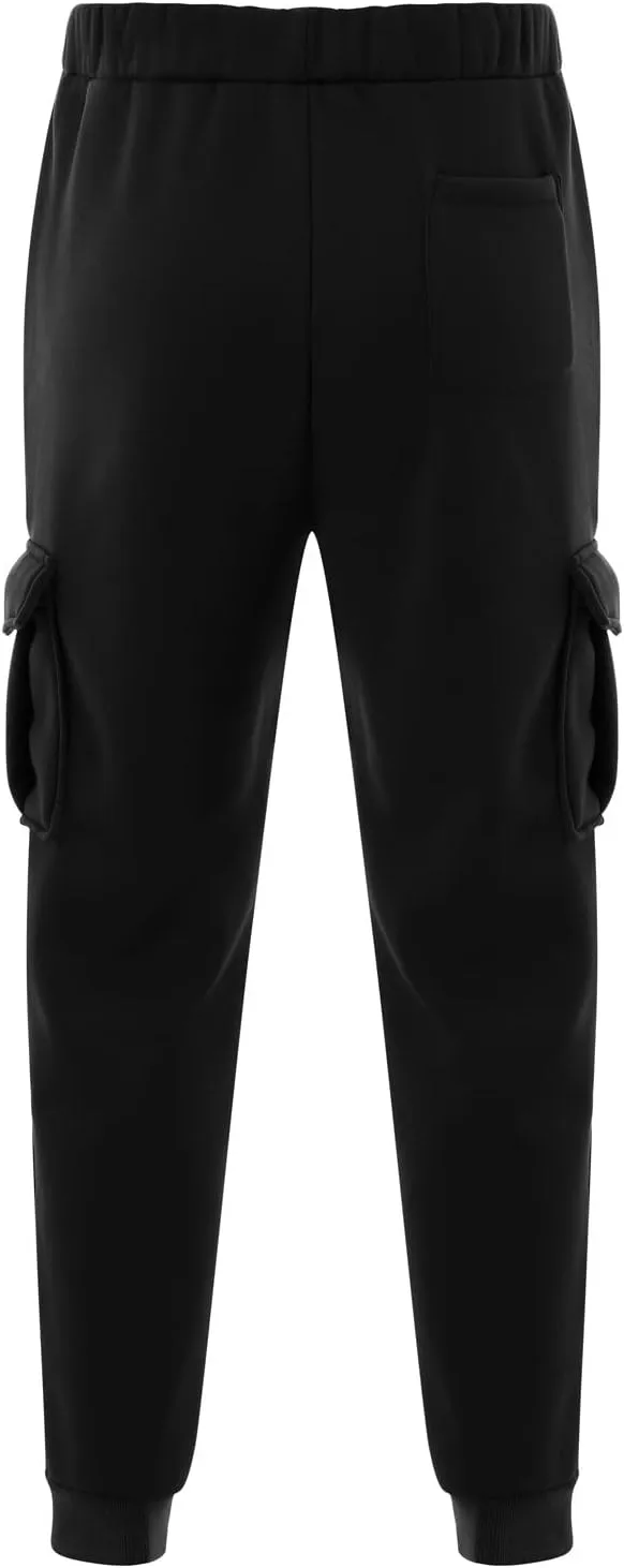 Mens Heavyweight Fleece Cargo Sweatpants Straight-Leg Joggers Loose Fit Baggy Pants Multi-Pocket Trousers