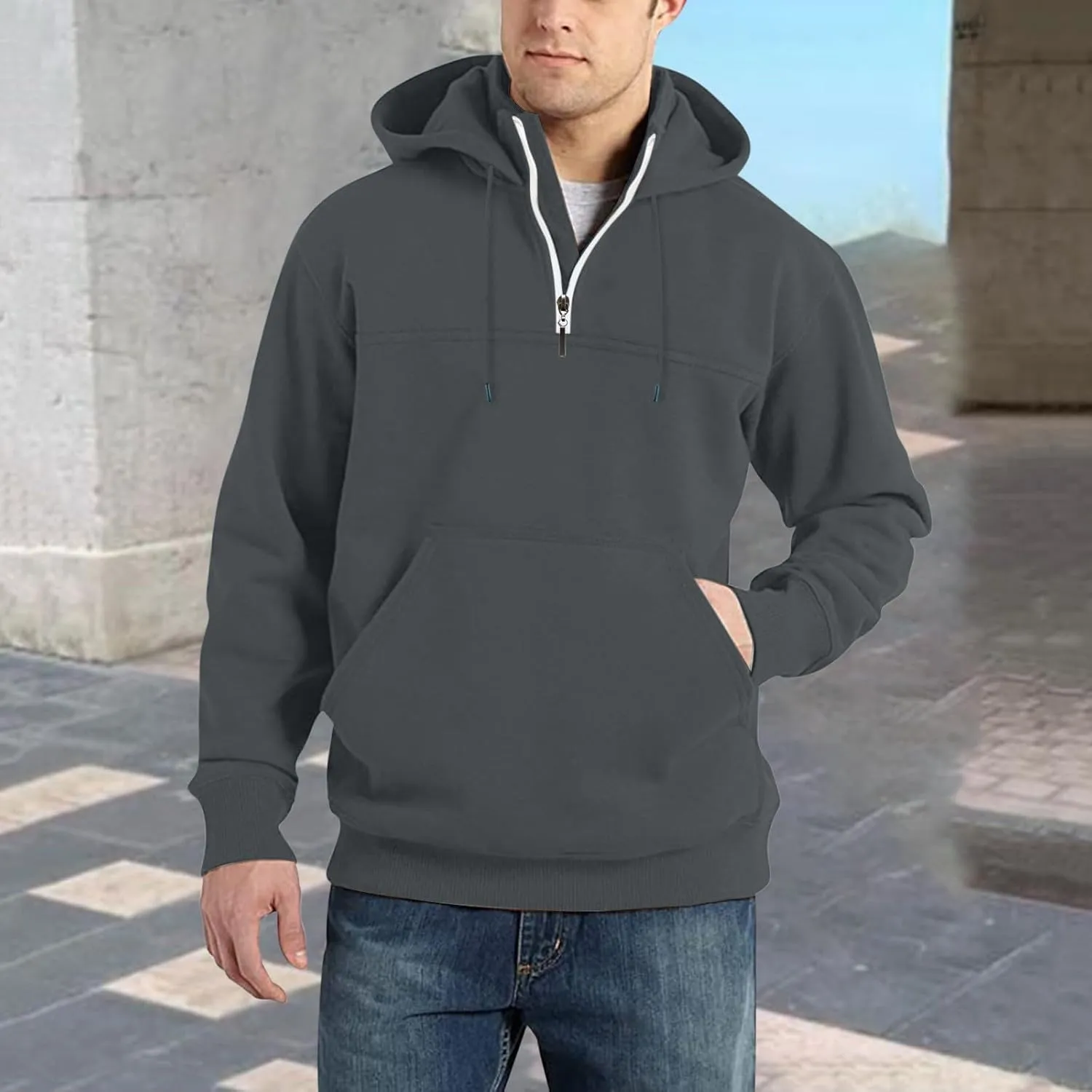 Mens Hoodies Pullover Vintage Fashion Work Long Sleeve Coat Soft Pullover Sweater Men's Winter Shirts with Pockets