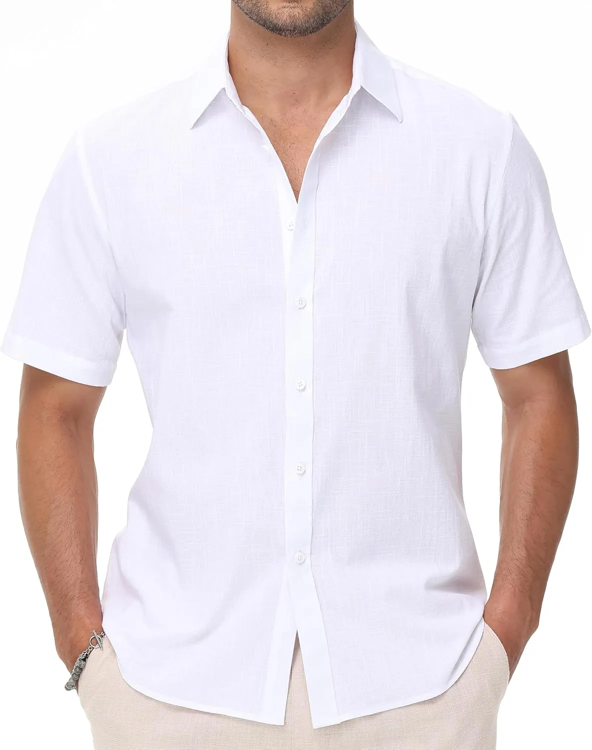 Mens Linen Shirts Short Sleeve Button Down Regular Fit Shirts Casual Vacation Beach Summer Hawaiian Tops