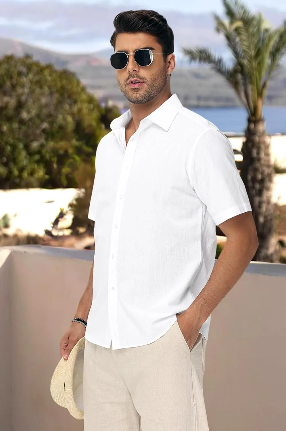Mens Linen Shirts Short Sleeve Button Down Regular Fit Shirts Casual Vacation Beach Summer Hawaiian Tops
