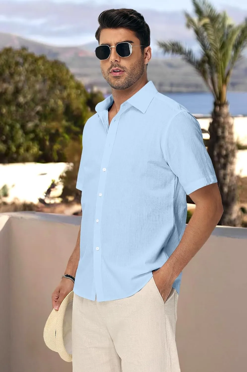 Mens Linen Shirts Short Sleeve Button Down Regular Fit Shirts Casual Vacation Beach Summer Hawaiian Tops