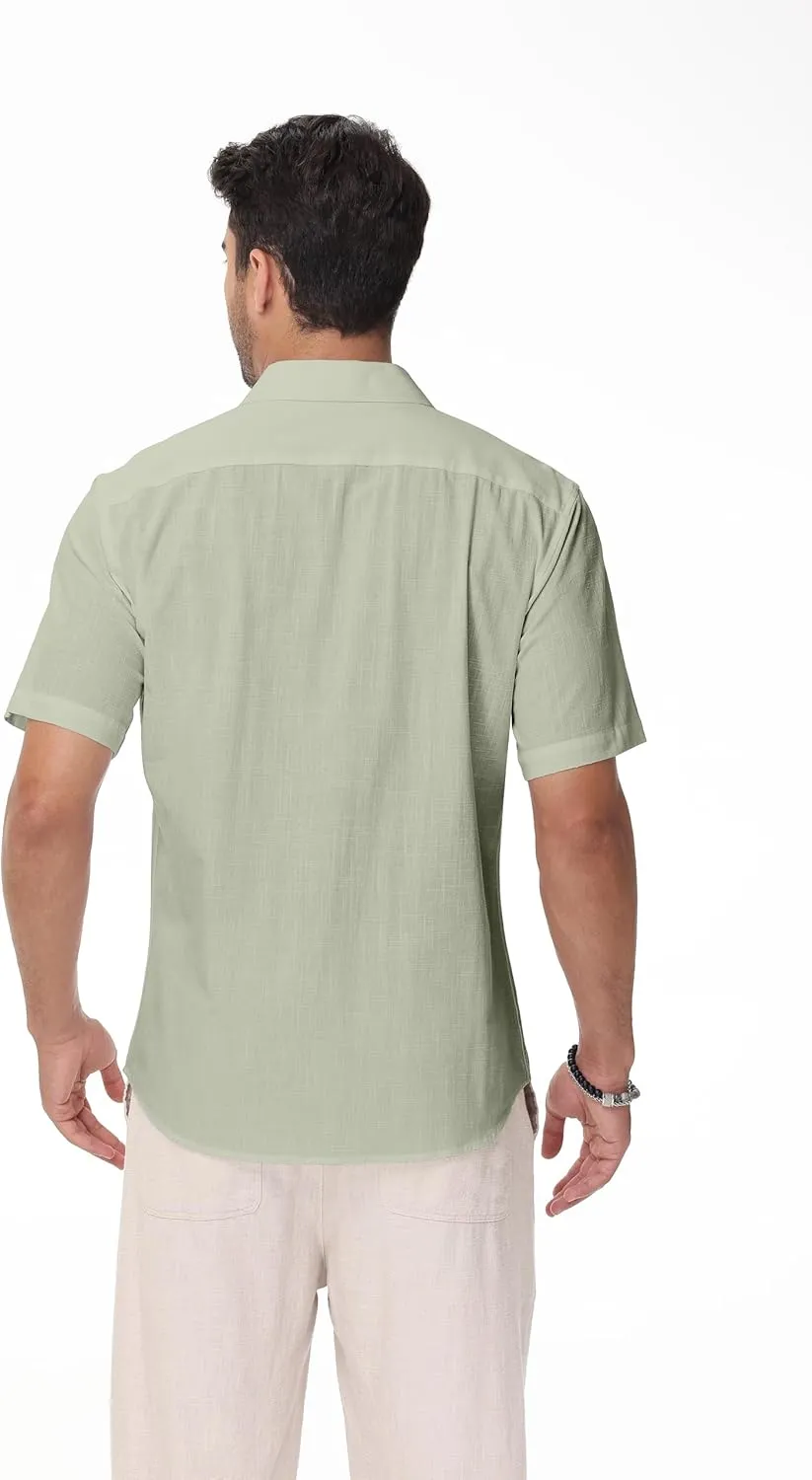 Mens Linen Shirts Short Sleeve Button Down Regular Fit Shirts Casual Vacation Beach Summer Hawaiian Tops