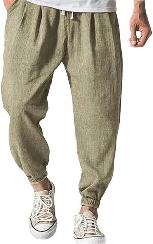Mens Linen Tapered Pants Plus Size Lightweight Drawstring Waist Vacation Harem Trousers Summer Trendy Loose Slacks