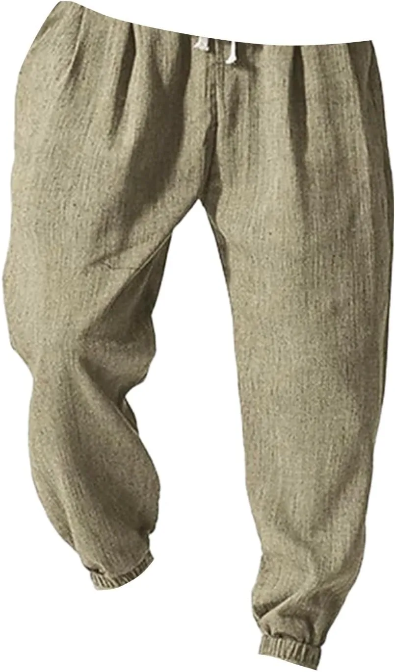 Mens Linen Tapered Pants Plus Size Lightweight Drawstring Waist Vacation Harem Trousers Summer Trendy Loose Slacks