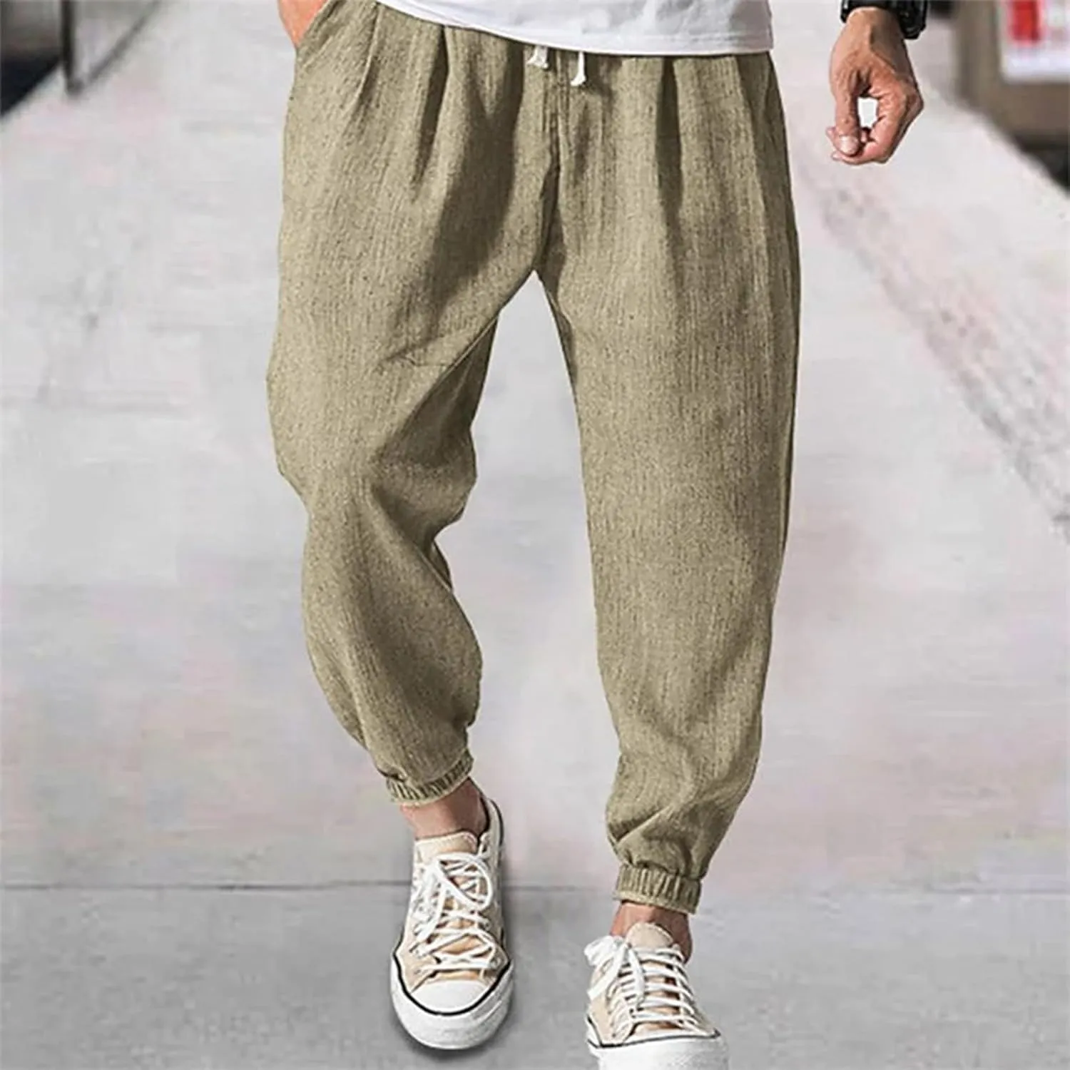 Mens Linen Tapered Pants Plus Size Lightweight Drawstring Waist Vacation Harem Trousers Summer Trendy Loose Slacks