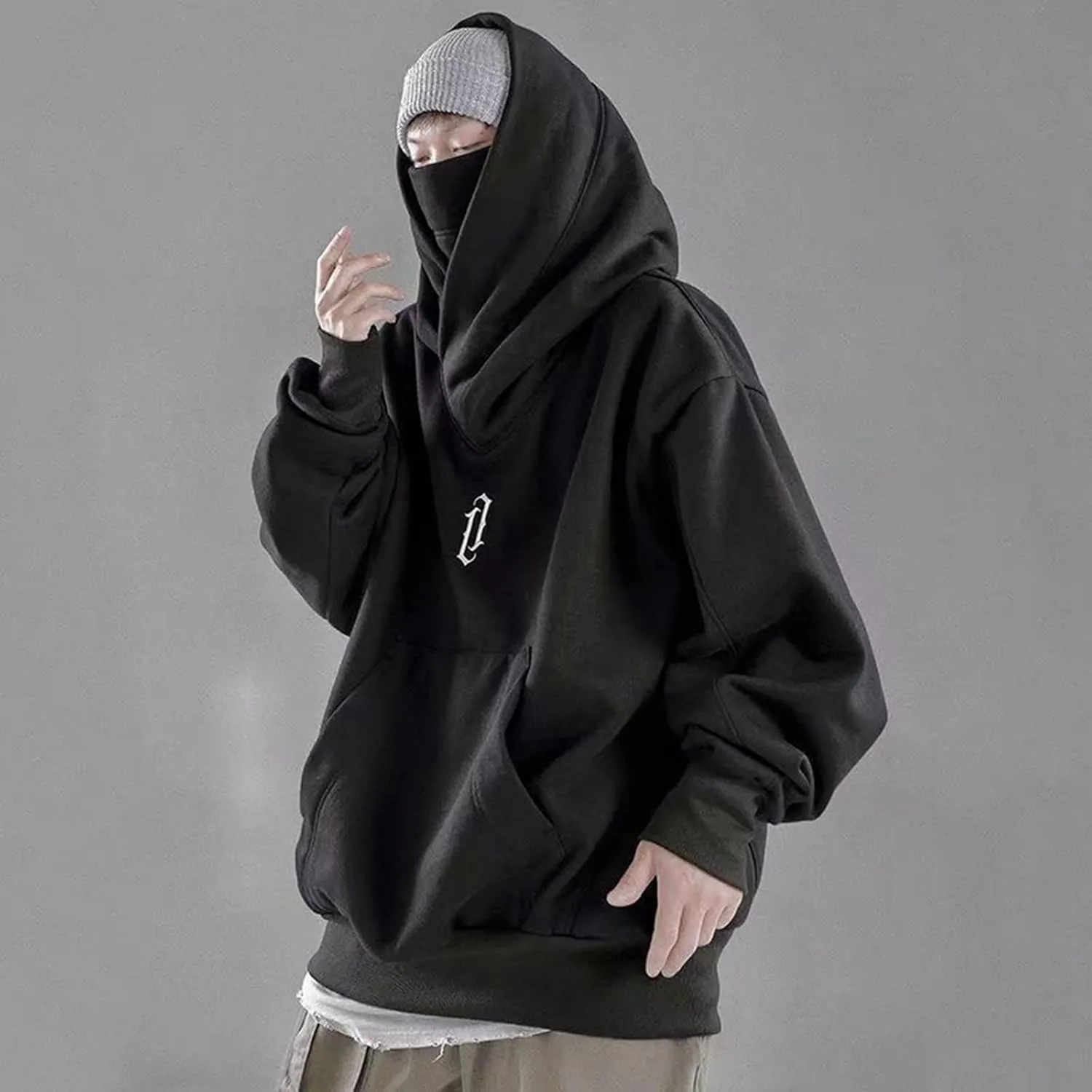 Mens Mask Hoodies Hip Hop Oversize Pullover Solid Color Hooded Sweatshrits For Men Fall Streetwear Y2K Hoodies