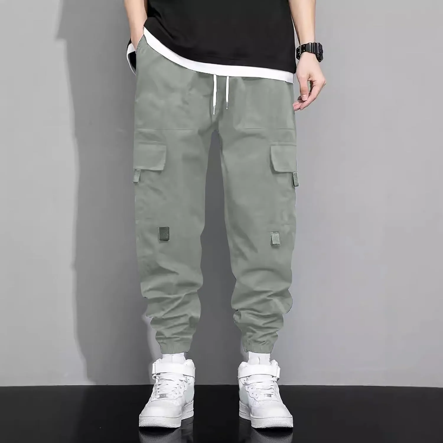 Men's Outdoor Cargo Pants Lightweight Elastic Waist Pants with Multi-Pocket Slim Drawstring Active Trousers