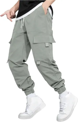 Men's Outdoor Cargo Pants Lightweight Elastic Waist Pants with Multi-Pocket Slim Drawstring Active Trousers