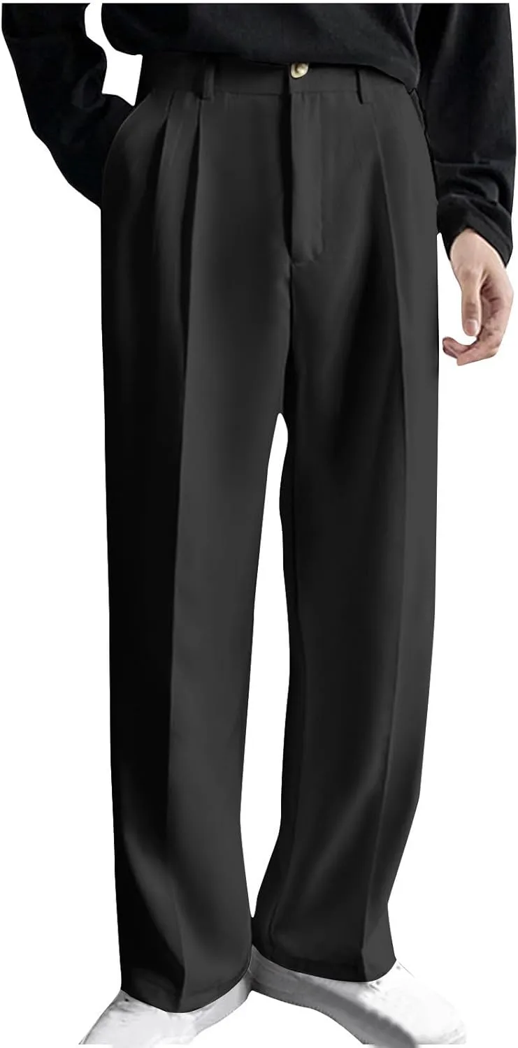 Mens Pleated Dress Pants with Belt Wide Leg Formal Pants for Men with Pockets for Office and Business Wear