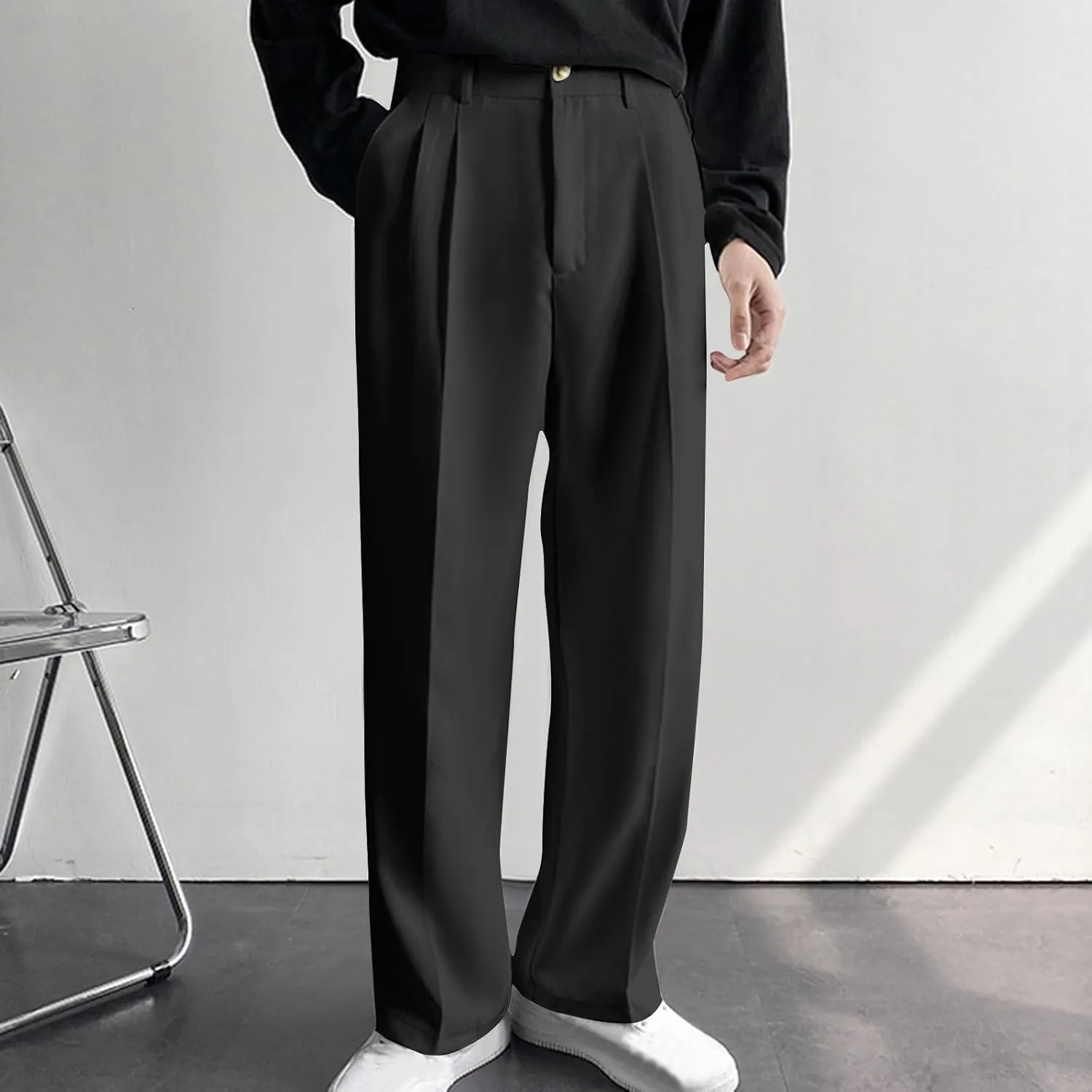 Mens Pleated Dress Pants with Belt Wide Leg Formal Pants for Men with Pockets for Office and Business Wear