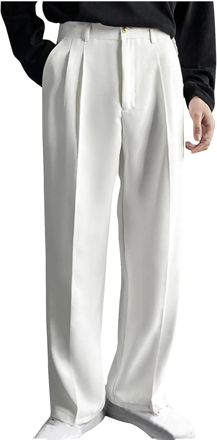 Mens Pleated Dress Pants with Belt Wide Leg Formal Pants for Men with Pockets for Office and Business Wear