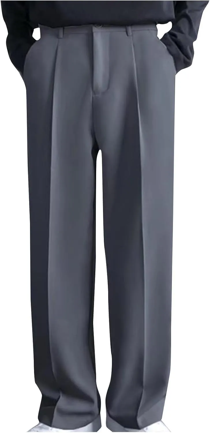 Mens Pleated Dress Pants with Belt Wide Leg Formal Pants for Men with Pockets for Office and Business Wear