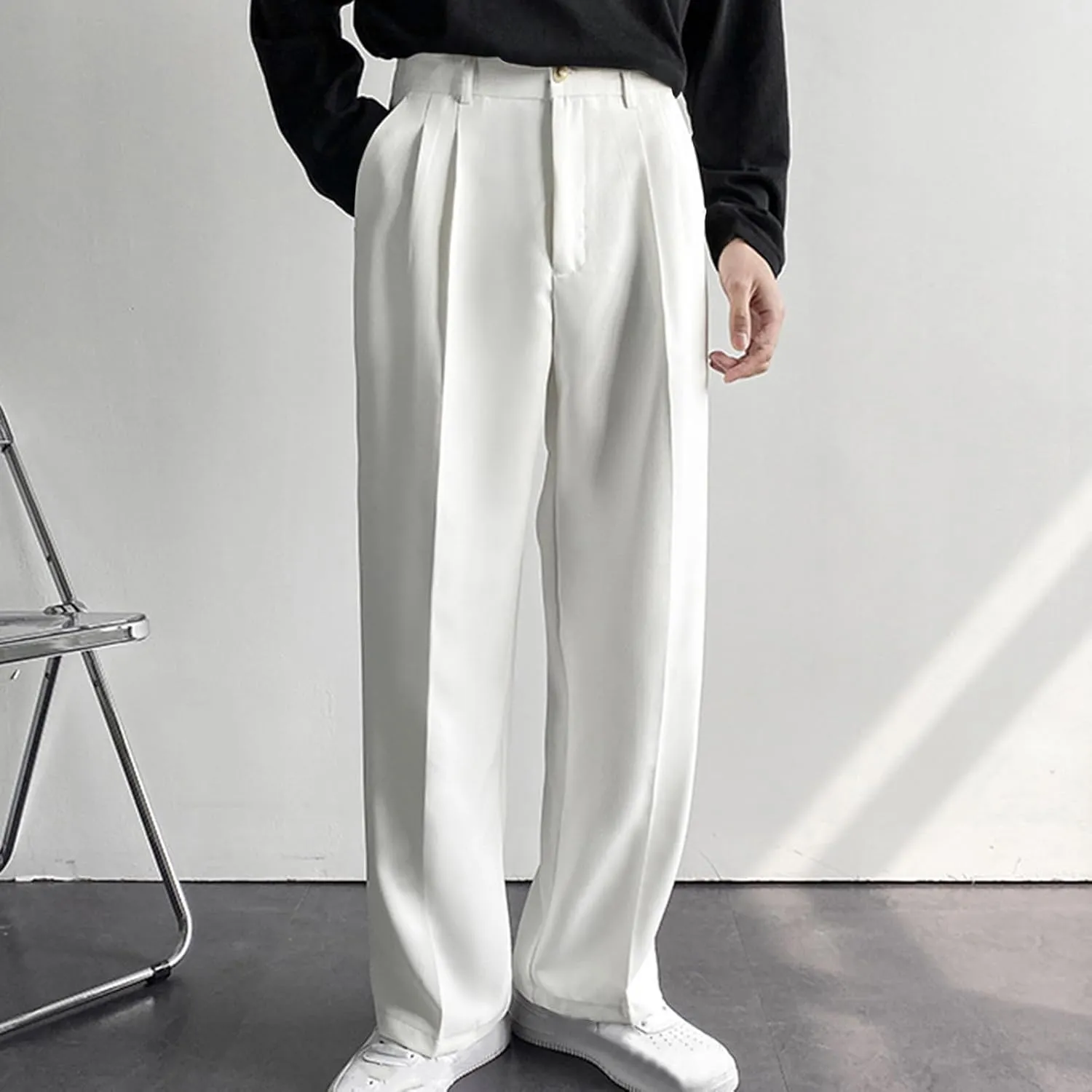 Mens Pleated Dress Pants with Belt Wide Leg Formal Pants for Men with Pockets for Office and Business Wear