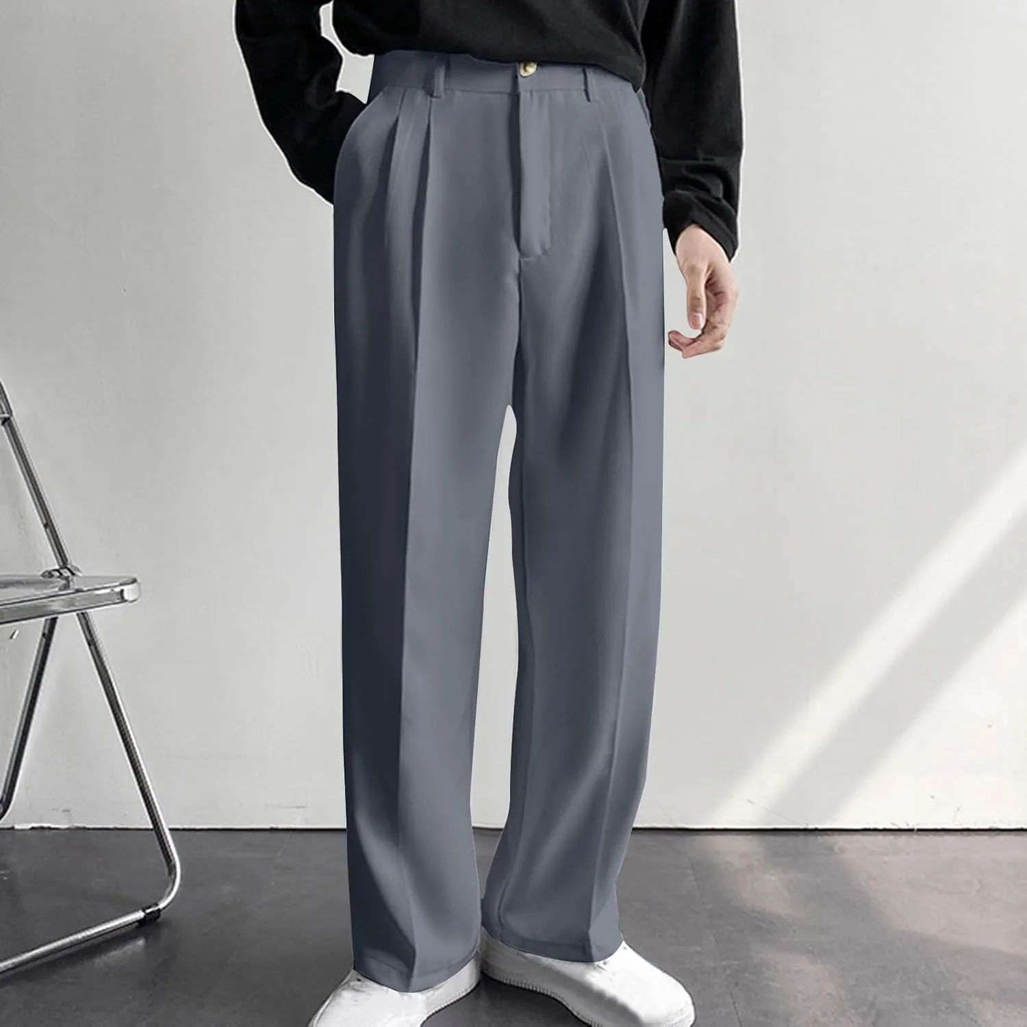 Mens Pleated Dress Pants with Belt Wide Leg Formal Pants for Men with Pockets for Office and Business Wear